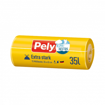 Pely Müllbeutel 35 Liter Klima-Neutral, mit Zugband, extra stark, gelb/blau bedruckt, 55 x 63 cm, PELY Qualitätsfolie, 15 Stück